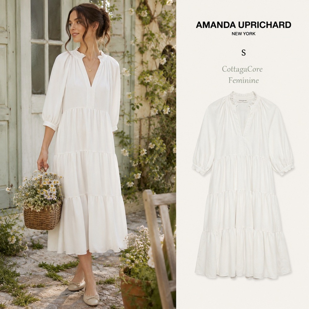 Amanda Uprichard Saffron Tiered Midi Dress Womens S White Cottage Romantic Chic